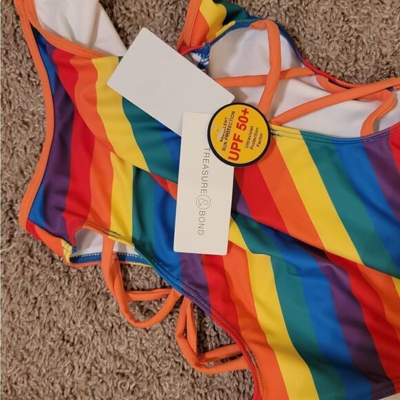 Treasure & Bond Cutout 1 Pc Swimsuit UPF 50+ Orange Vibrant Multi Stripe 🌈 14 - Picture 4 of 5